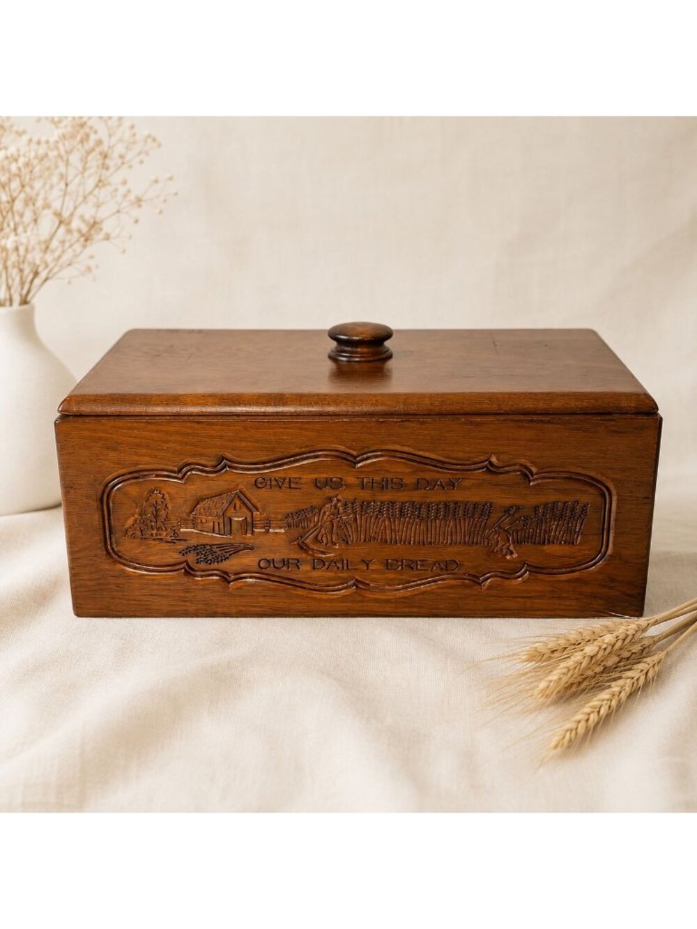 Wooden Bread Box Rustic Carved Harvest Sour Dough Storage Farm Country Kitchen